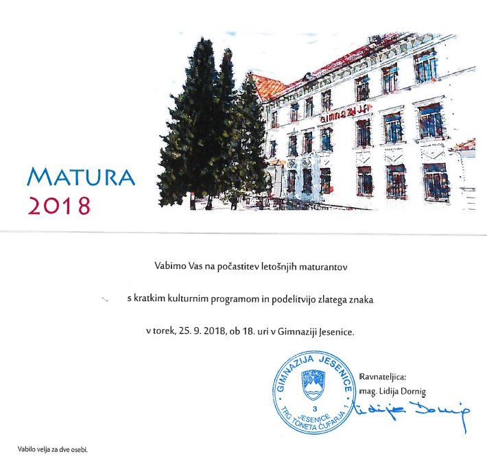 Svečani sprejem maturantov – torek, 25.9. ob 18.00