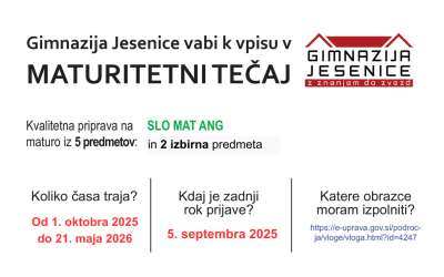 Gimnazija Jesenice vabi k vpisu v MATURITETNI TEČAJ